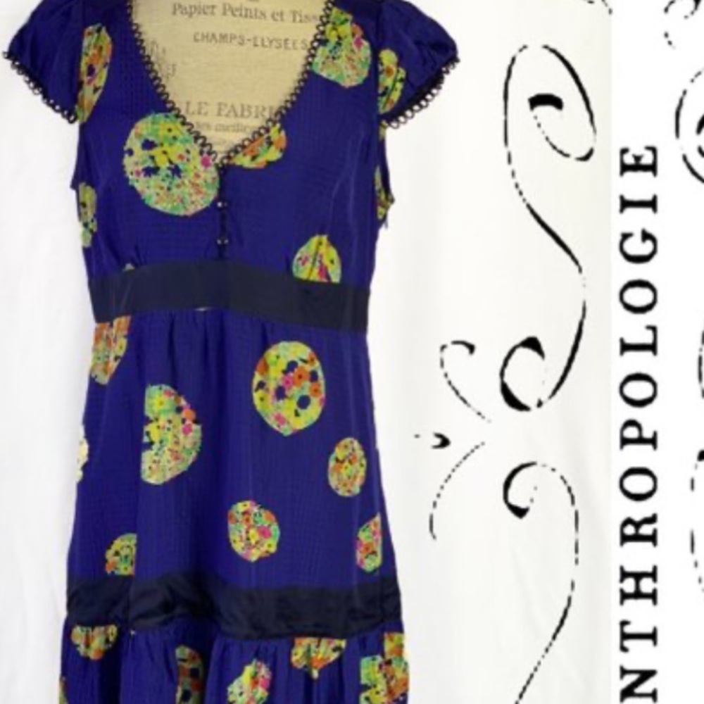 $168 Anthropologie Lighthouse Route silk dress by Mauve Fun floral. Cobalt Sz 4